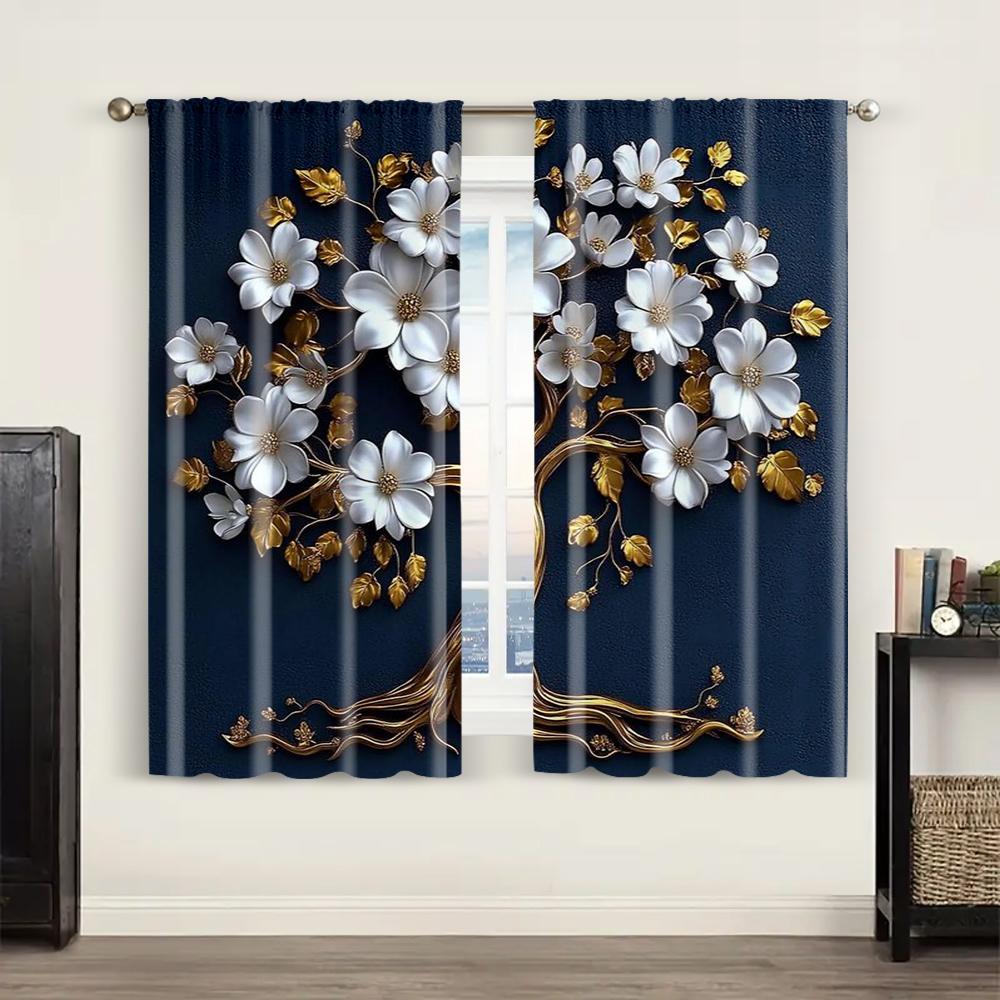 2pc,  Drapes elegant 3d blue & golden tree of life tapestry polyester wall hanging for living room bedroom and home decor Light