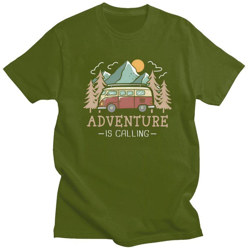 Male Happy Camping Mountains Adventure Is Calling T Shirts Short Sleeves Cotton Tshirts Anniversary Birthday Gift Casual Tees