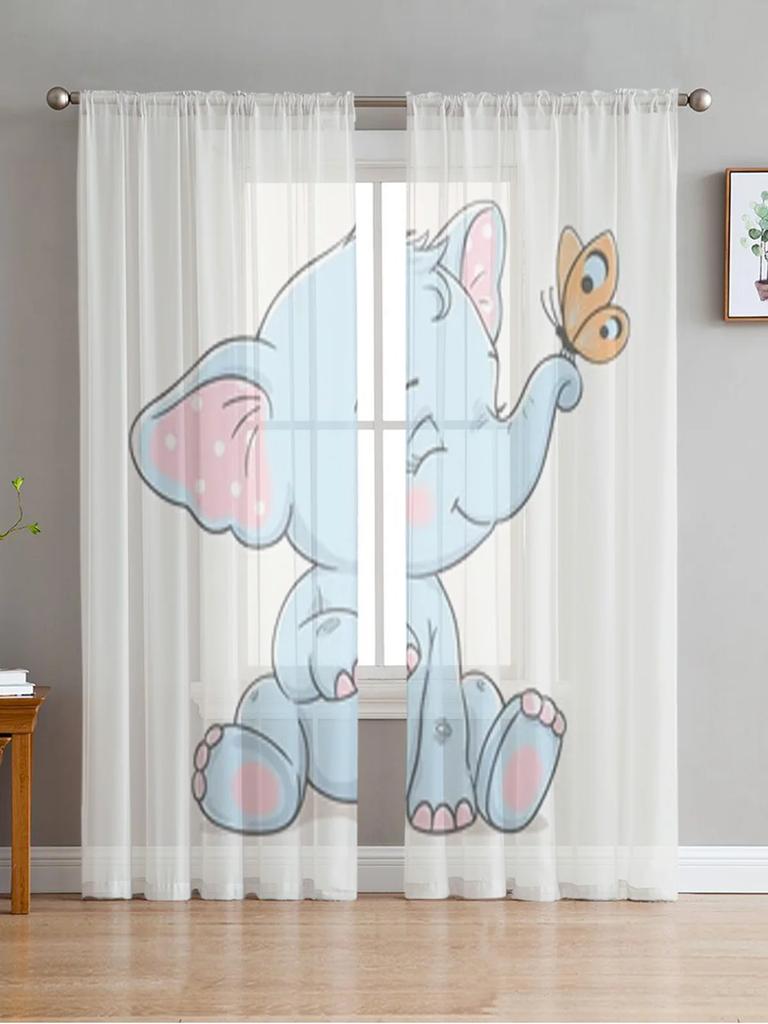 Cartoon Little Elephant With Star And Moon Sheer Curtains For Living Room Window Transparent Voile Tulle Curtain Bedroom Drapes