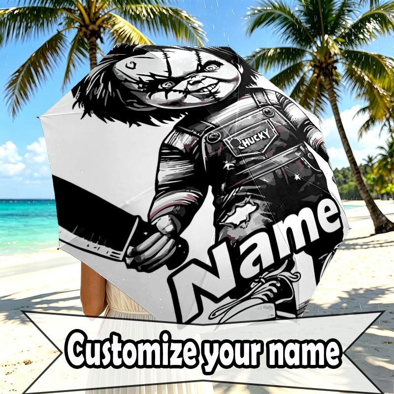 Custom Name Personalized Bride of Chucky Print Umbrella, Auto Open Close, 8‑Rib Sturdy Frame, Commute Camping Hiking Use, Birthday Gift