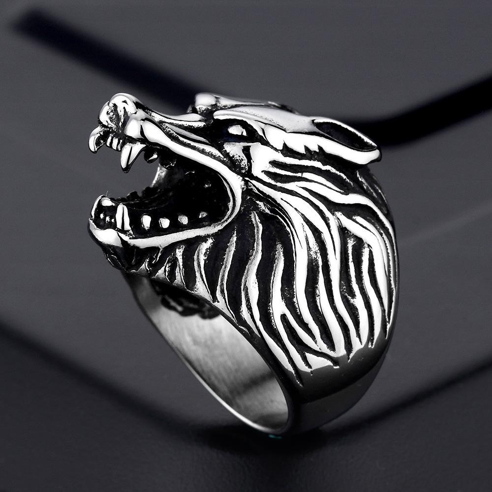 Hip Hop Wolf Head Vintage Silver Black Color Stainless Steel Engagement Punk Animal Rings for Women Men Fashion Jewelry