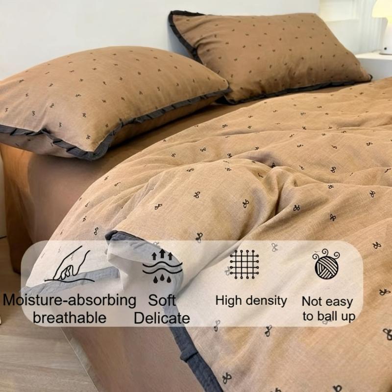 French Style Lace Bedding Set 3/4PCS - Wash Cotton Duvet Cover & Pillowcases Soft Breathable Active Printing for Home Bedding