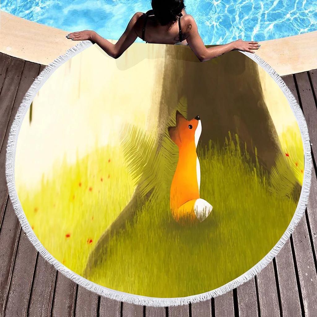 Kawaii Fox Round Beach Towel,Wild Animal Print Beach Blanket,Soft Woodland Animal Themed Rustic Fox Print Pool Towel Picnic Mat