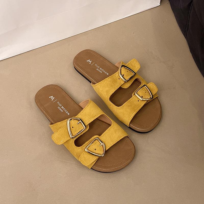 Internet celebrity flat bottom one-word shoes women's summer new flat heel soft sole casual outer wear buckle lazy versatile cool slippers