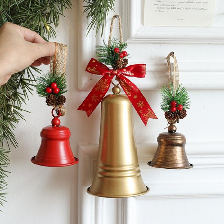 Christmas Bells Decors with Hanging Rope Pine Cone Bowknot Vintage Metal Bells for Tree Wreath Door Wall Decorations