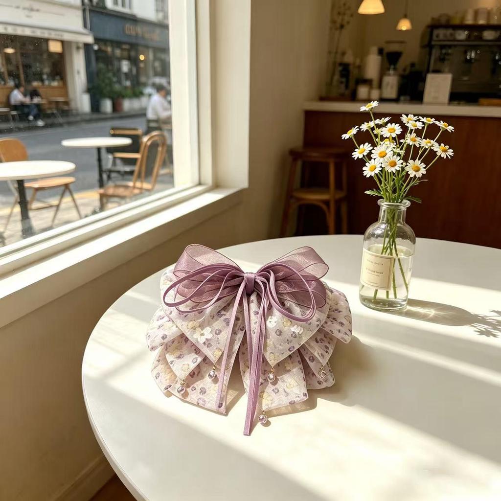 Handmade Chiffon Floral Bow Ponytail Clip for Voluminous Hair