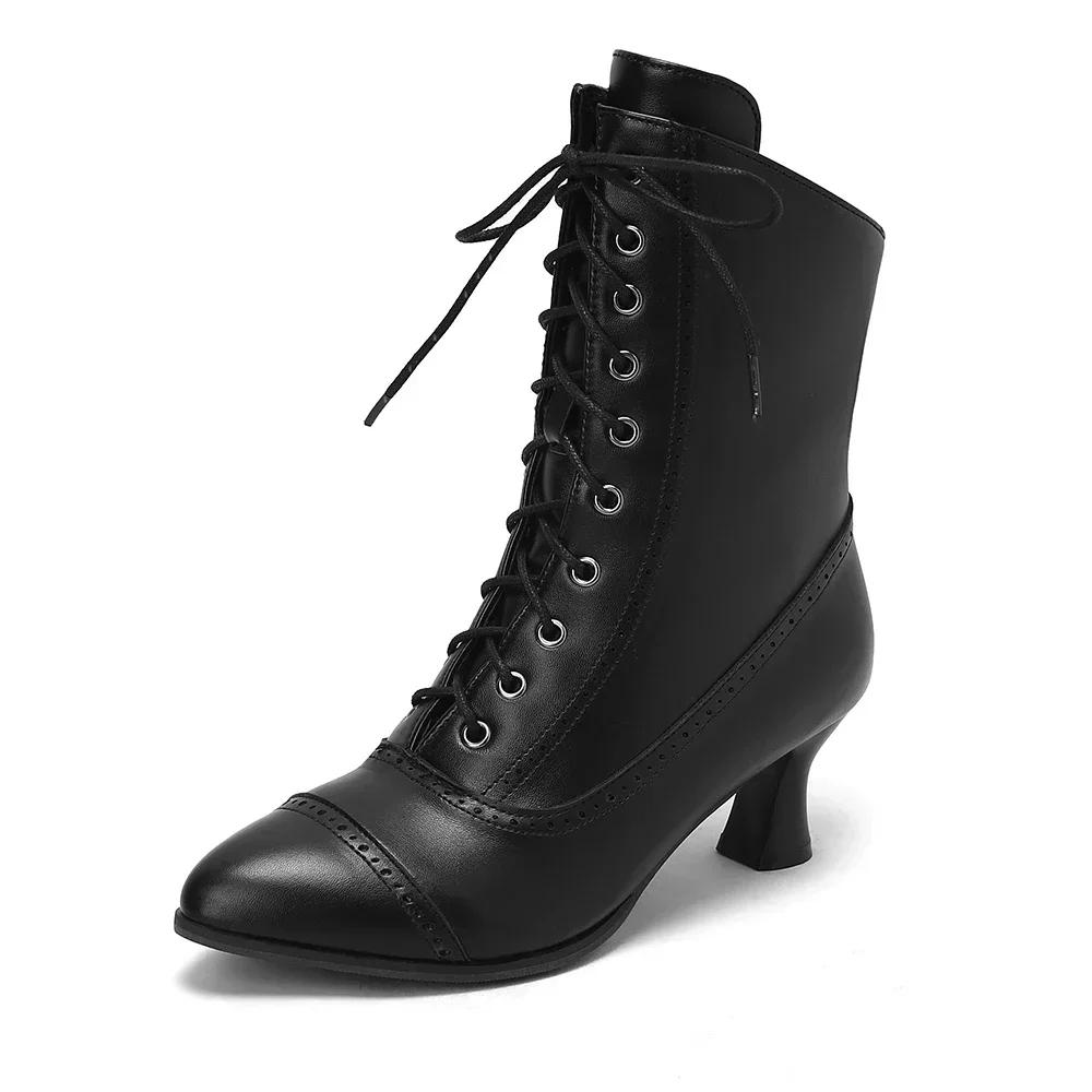 Kurzstiefel mit hohen Absätzen für Damen im britischen Stil, edle Ritterstiefelchen mit spitzer Zehenpartie, zum Schnüren mit Kreuzband, Knöchelstiefel, mittelalterliche Retro-Stiefel