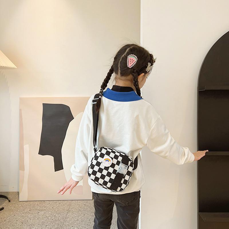 Stylish Children's Checkerboard Canvas Bag Ideal For Boys' Casual Outings And Everyday Use