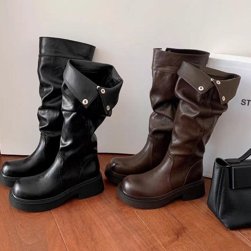New Spot Pre-sale~ New Wasteland Wind-pleated Piling Boots Can Be Folded for Two Wears, Long Boots Thick Heel Thick Sole High Tube