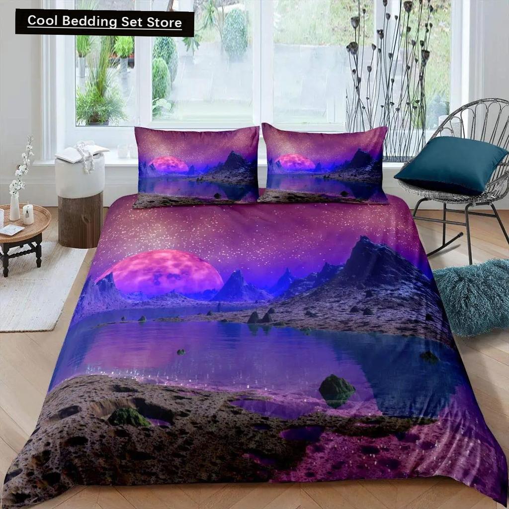 Dumanlı Dağ Nevresim Takımı Çam Ağaçları Yorgan Kılıfı Erkek Çocuk Manzara Yorgan Kılıfı Doğal Manzara Sanat Polyester Yatak Takımı