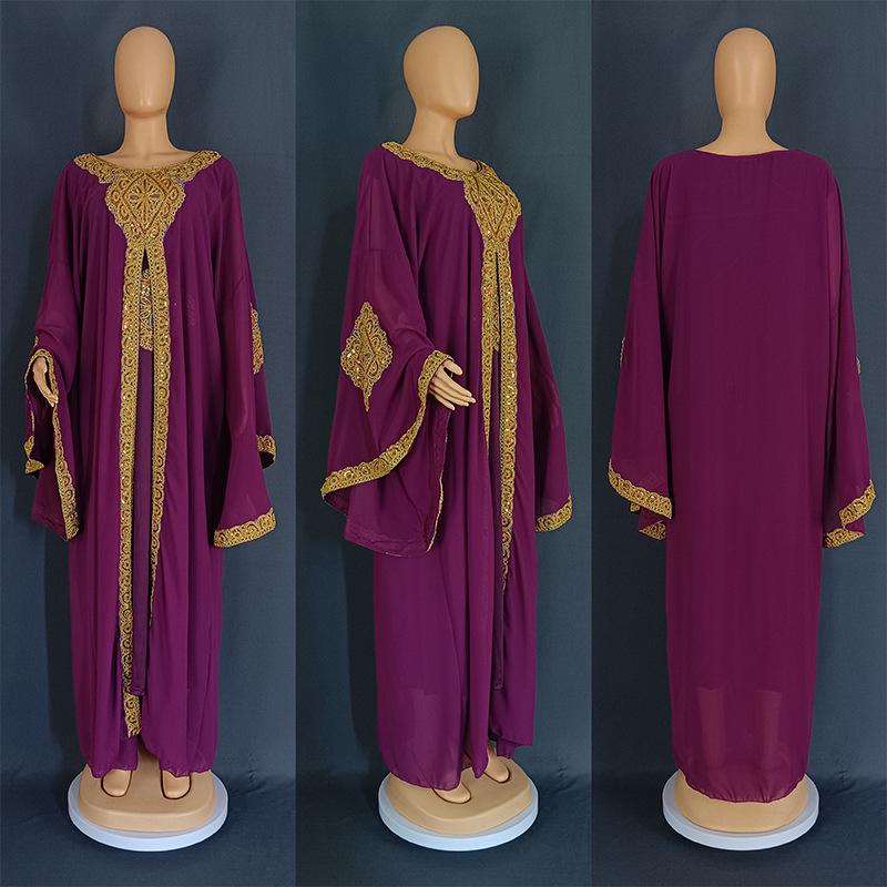 Embroidered Flared Sleeve Jalabiya with Gold Lace