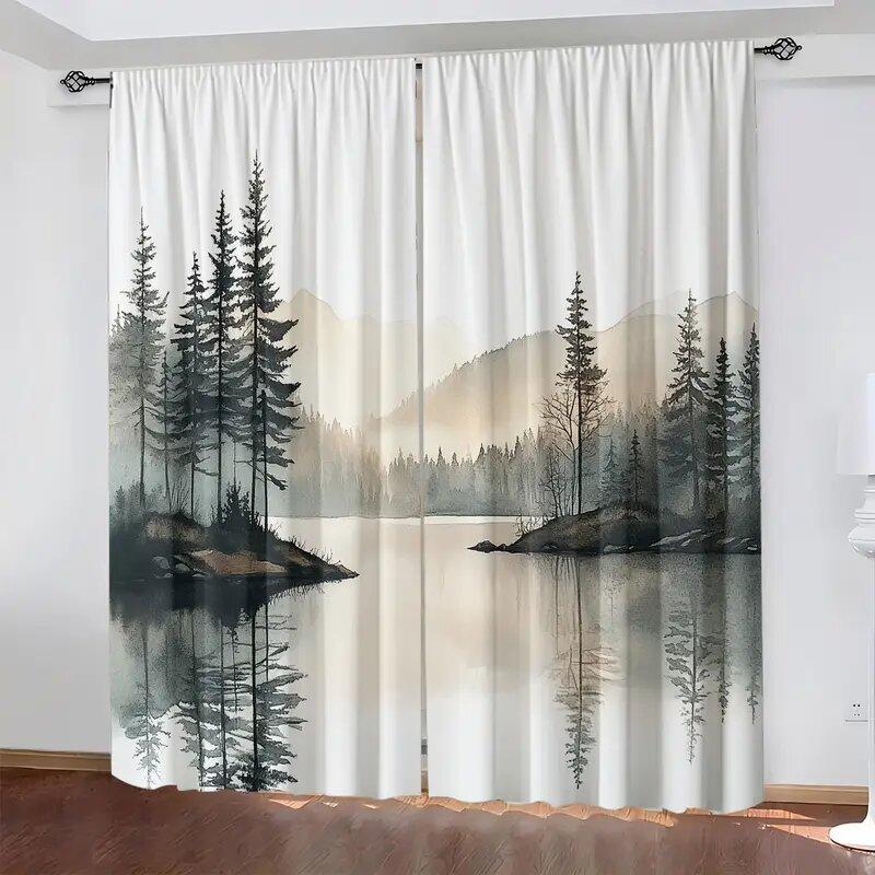 2 Stück - Vorhänge mit Aufdruck von Seelandschaftsmustern, Stangentaschenvorhänge, Heimdekoration, Raumdekoration