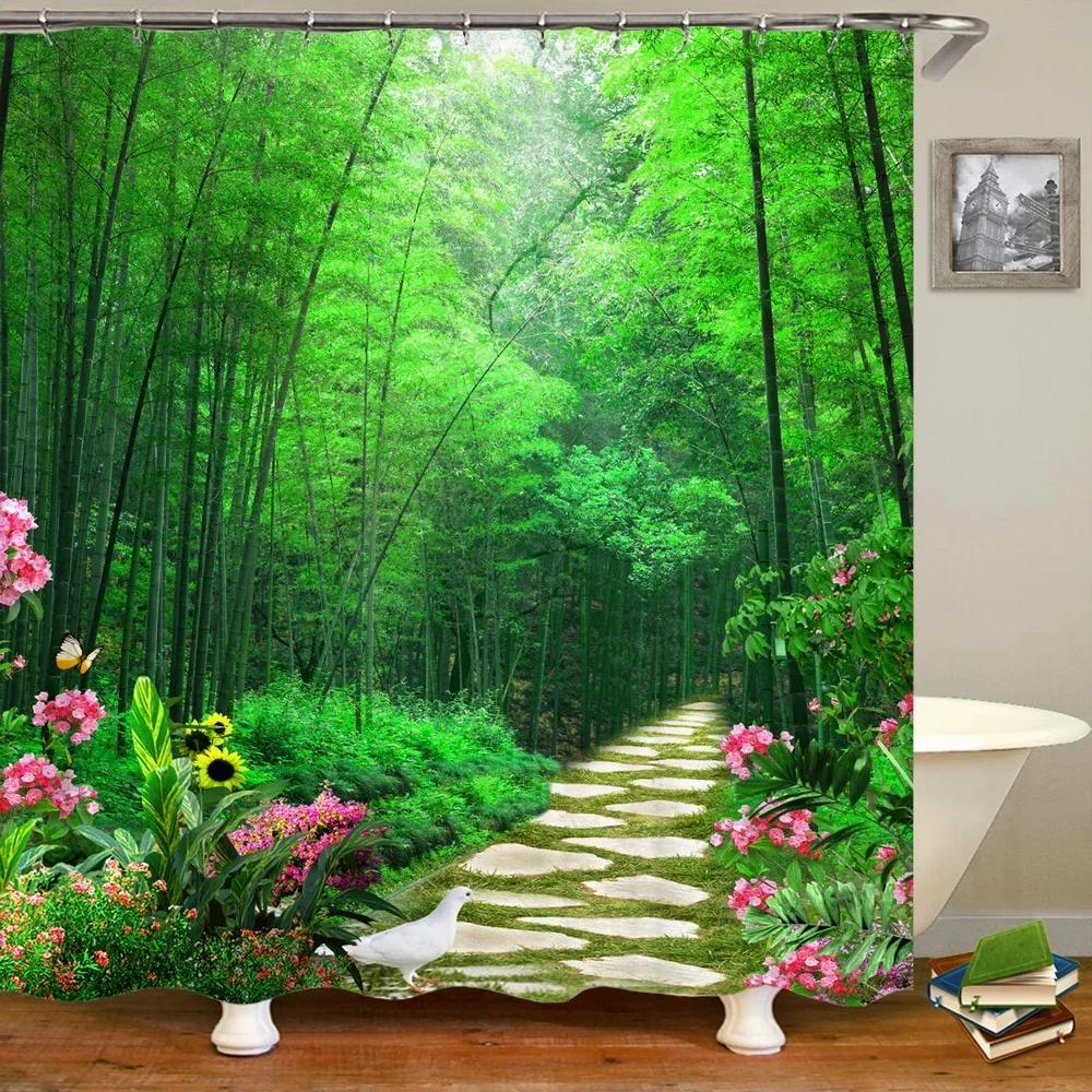 Natur Waldlandschaft Duschvorhänge Badezimmervorhang Stoff Wasserdicht Polyester Landschaft Badevorhang mit Haken