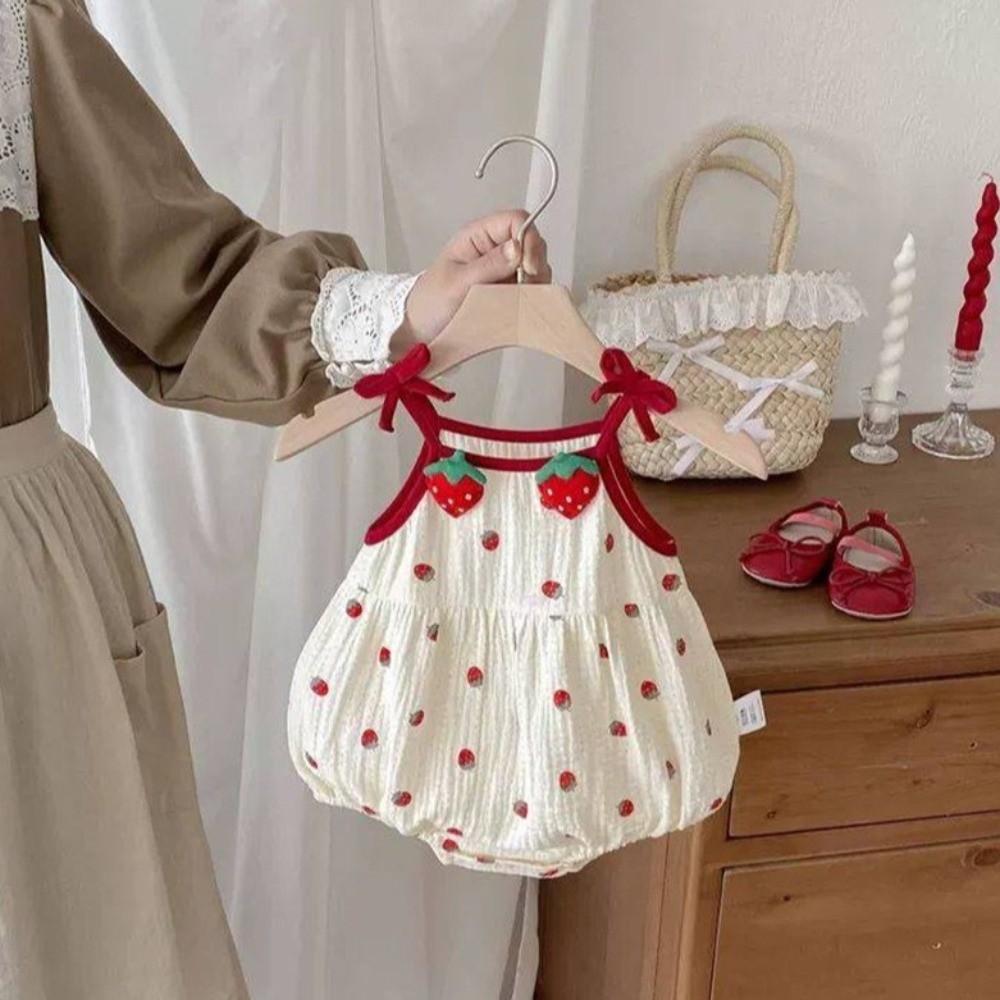 Strawberry Printed Baby Sling Jumpsuit Sweet Bow Baby Clothes Fashion Baby Romper  Summer