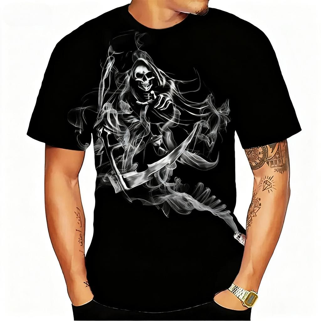 Summer Round Neck 3D Grim Reaper Skull Graphic Print Top Fashionable Casual Short Sleeved Men's T-shirts