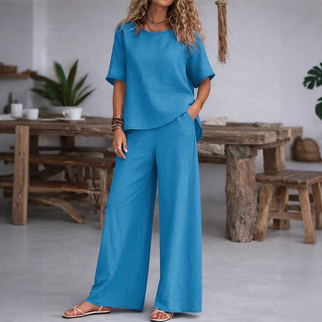 Women's Two Piece Casual Lounge Set Short Sleeve Loose Top Wide Leg Pants Lightweight Soft Fabric Comfortable Fit Summer Outfit