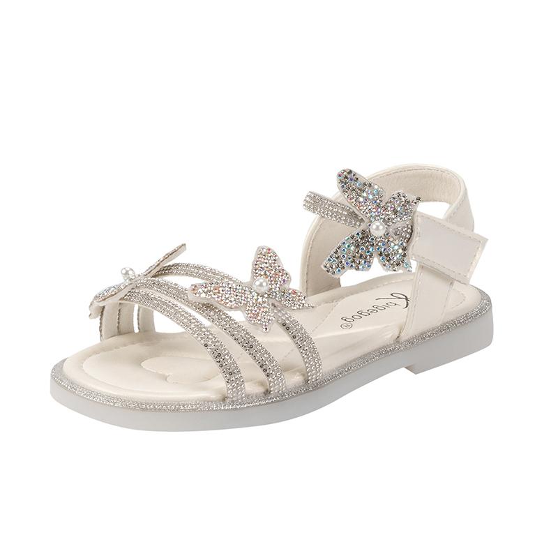 Girls Crystal Princess Sandals with Butterfly-knot Non-Slip Soft Sole Children Shiny Rhinestone Sandals Kids Summer Beach Shoes 24