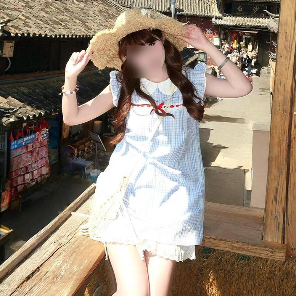 French Sweet Blue Plaid Small Fly Sleeve Dress Unique Beautiful Small Doll Collar a Word Short Skirt Summer