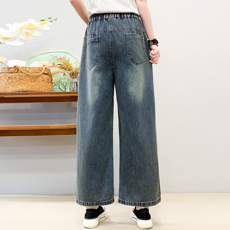 Vintage Washed Embroidered Plus Size Denim Pants Elastic High Waist Loose Straight Leg Pants Female 2025 New Autumn