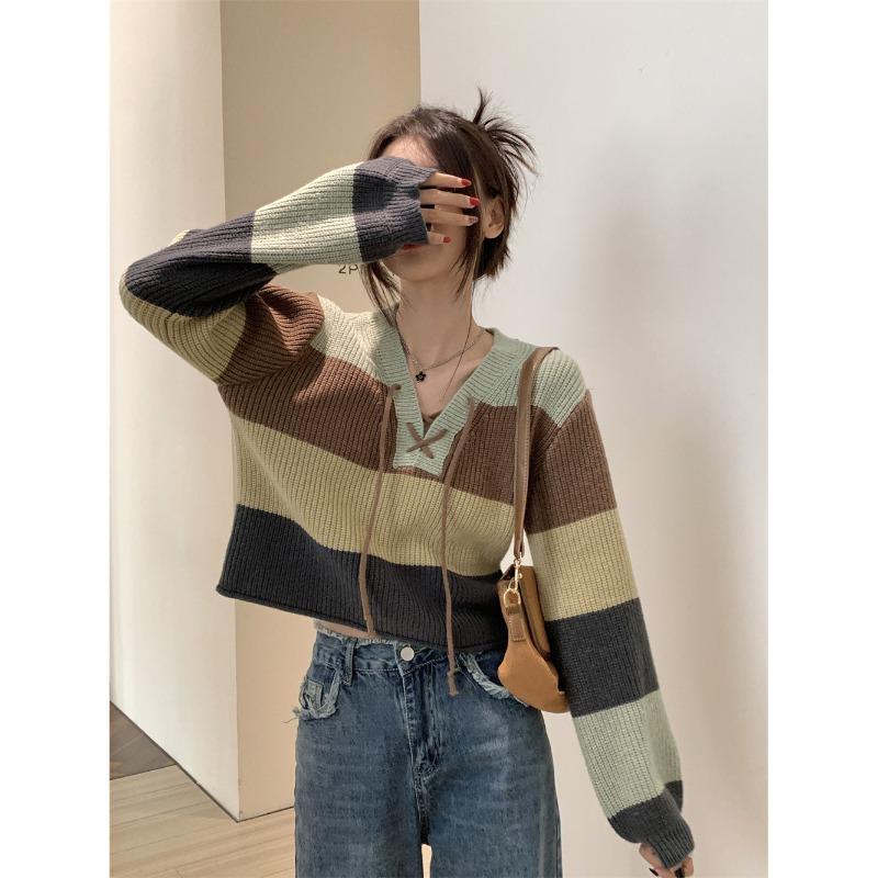 Loose Fit Short Knit Sweater Women V Neck Color Block Tie Detail Lazy Style Autumn Winter Casual Top