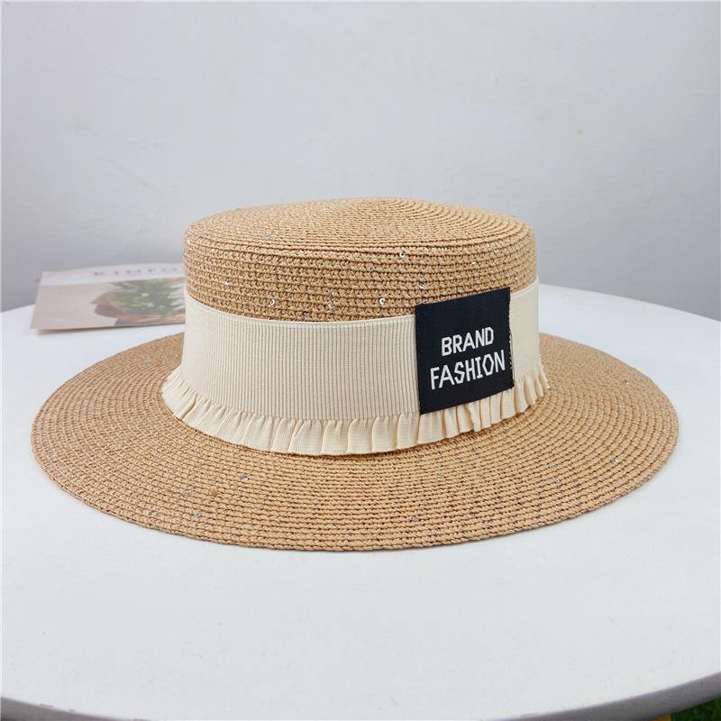 Ladies Summer Sun Protection Hat Women's Beach Hat Versatile Patch Straw Hat Flat Edge Straw Hat Letter Strap