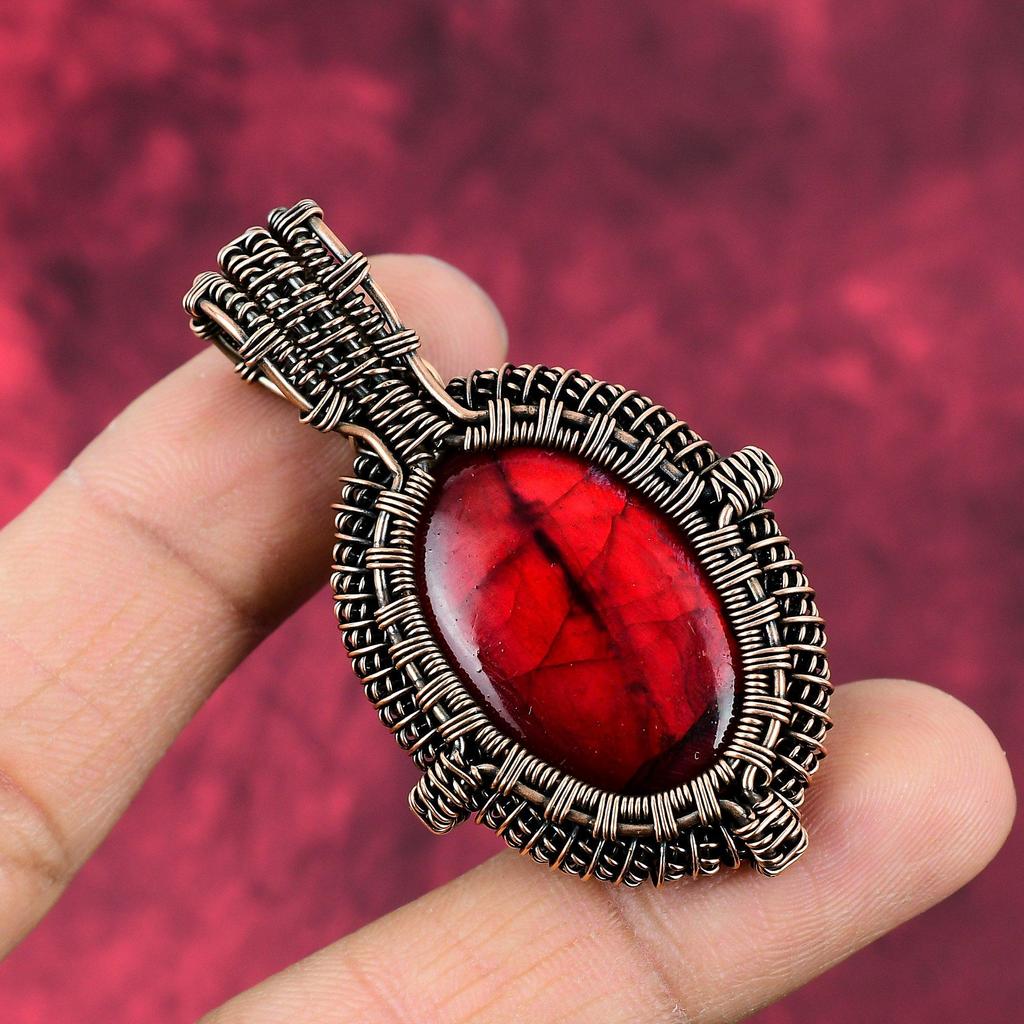 Red Fire Labradorite Pendant Copper Wire Wrapped Pendant Handmade Pendant Labradorite Jewelry Gemstone Pendant Copper Wire Jewelry For Gifts