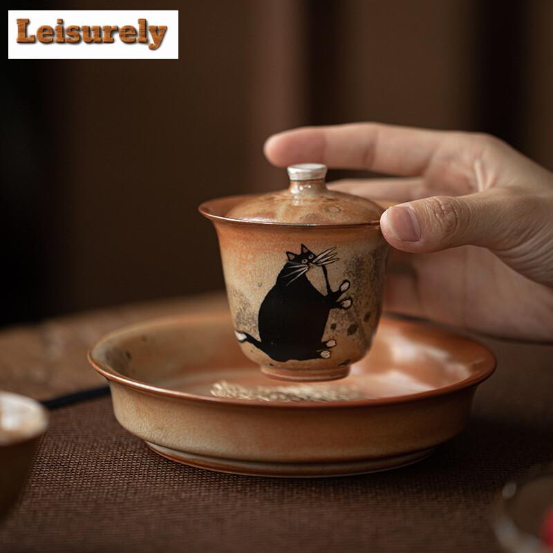 100ml Hand-painted Silver Kiln Change Gaiwan Wood-fired Porcelain Zhiye Cat Tea Tureen Tea Making Cover Bowl Tea Drinkware Gift