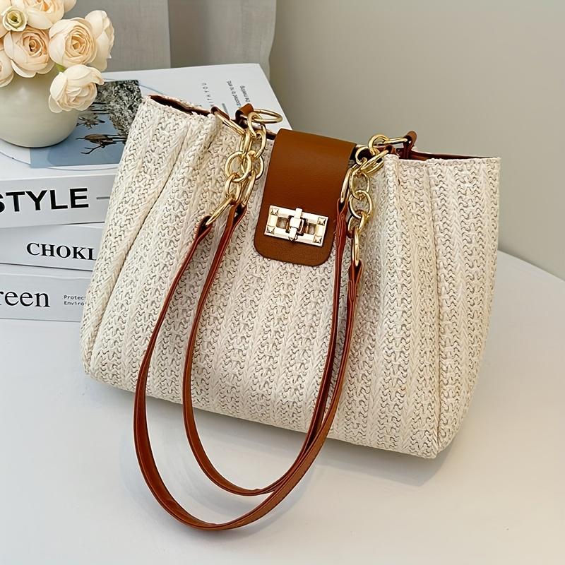 Sac à bandoulière élégant pour femme en tissu tissé grande capacité, bandoulière à chaîne parfaite pour les sorties décontractées et le shopping, sac cabas tissé