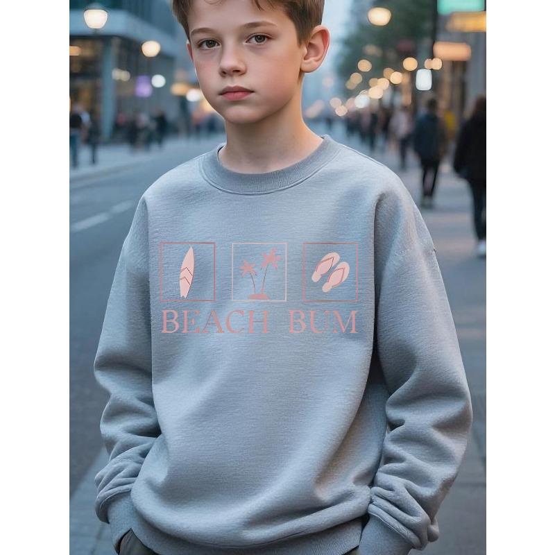 Kids Unisex Crewneck Sweatshirt, Beach Bum Surfboard Palm Tree Flip Flop Print Long Sleeve Pullover, Soft Sweatshirt for Boys Girls Over 4 Years Old