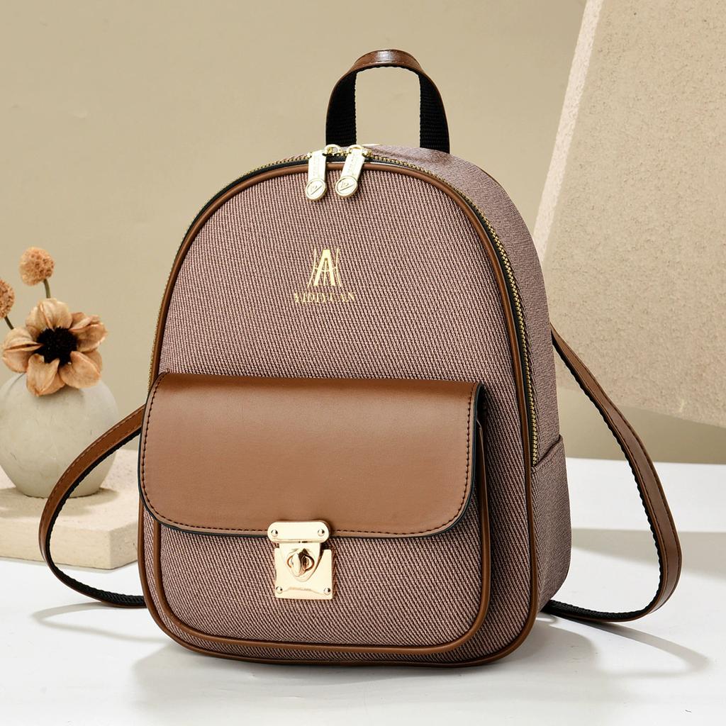 Women's Canvas & PU Leather Mini Backpack, Large Capacity Casual Daypack with Gold Lock, for Travel School Daily Use