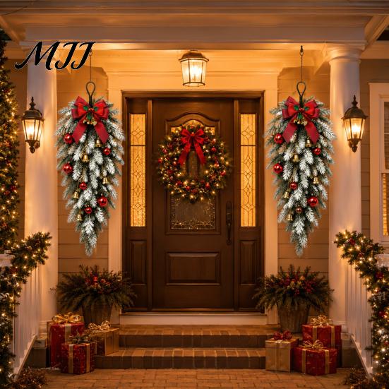 Faux Botanicals for Office Table Teardrop Swag with Red Bow Bells Ornaments, Frosted Artificial Pine Hanging Fake Floral Arrangements Home Decor