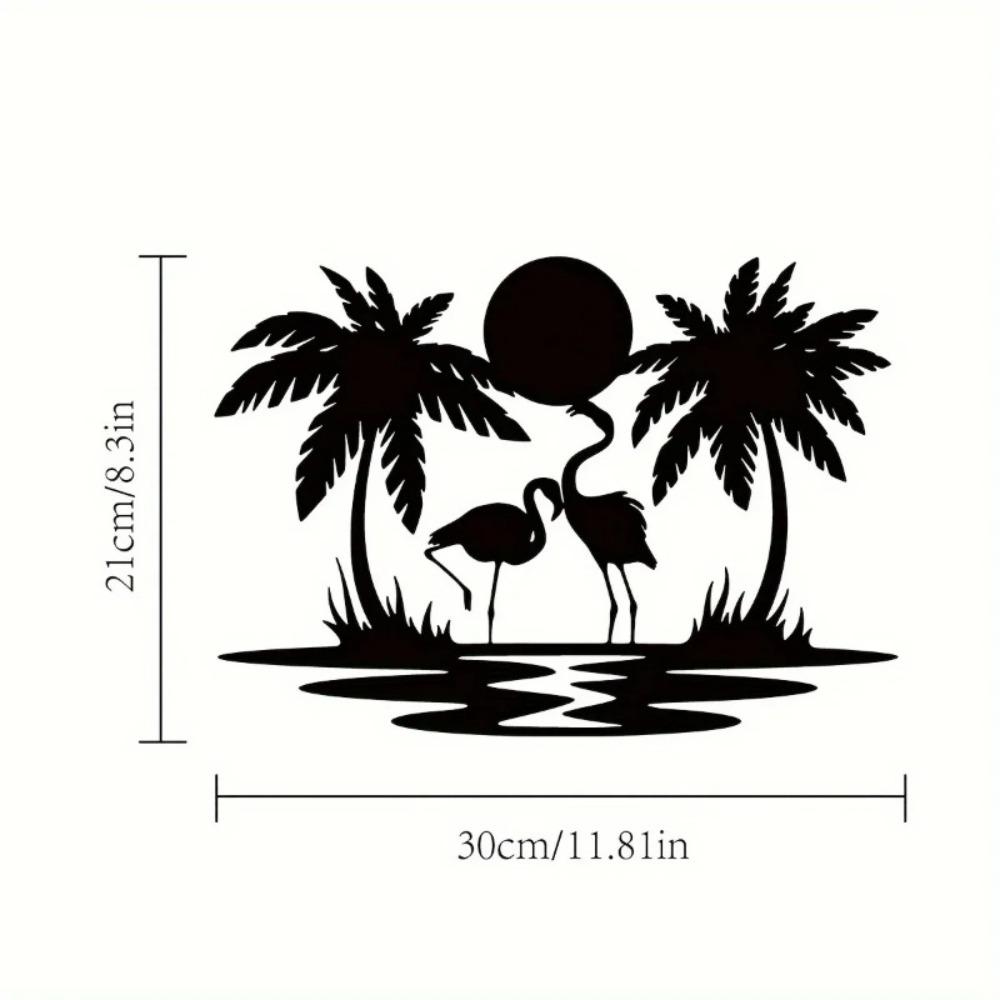 11.81 inch Flamingo Palm Tree Sunset Wall Sign, Iron Art Hanging Hook Metal Decorative Panel for Bathroom Dining Room, Simple Style Sculpture