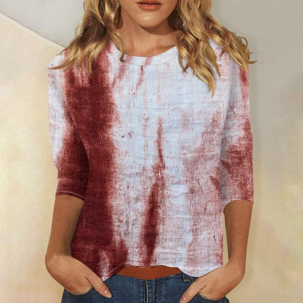 Women's Fashion Casual Round Neck 3/4 Sleeve Loose  Printed T-Shirt Ladies Top