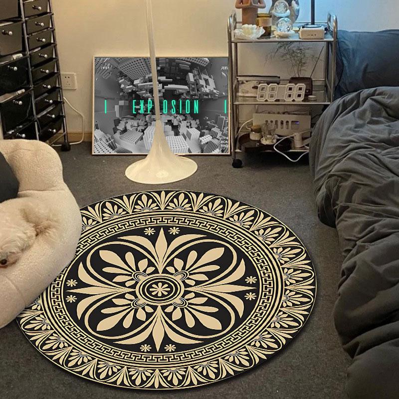 Trendy Round Greek Black Floor Rug, Non-Slip Floor Mat for Hallway