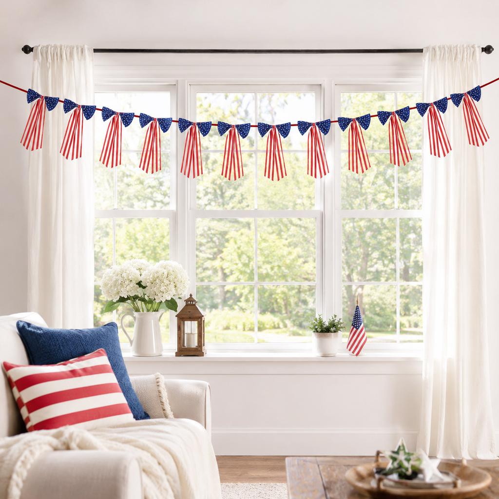 Patriotic Star Bow Tassel Banner Hanging Decoration for Memorial Day Independence Day Party Indoor Outdoor Decor