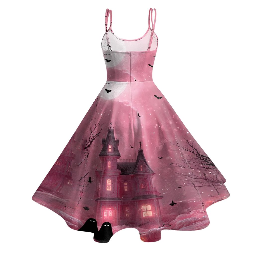 Women's Casual Halloween Print Round Neck Sleeveless Dress for Holiday Party