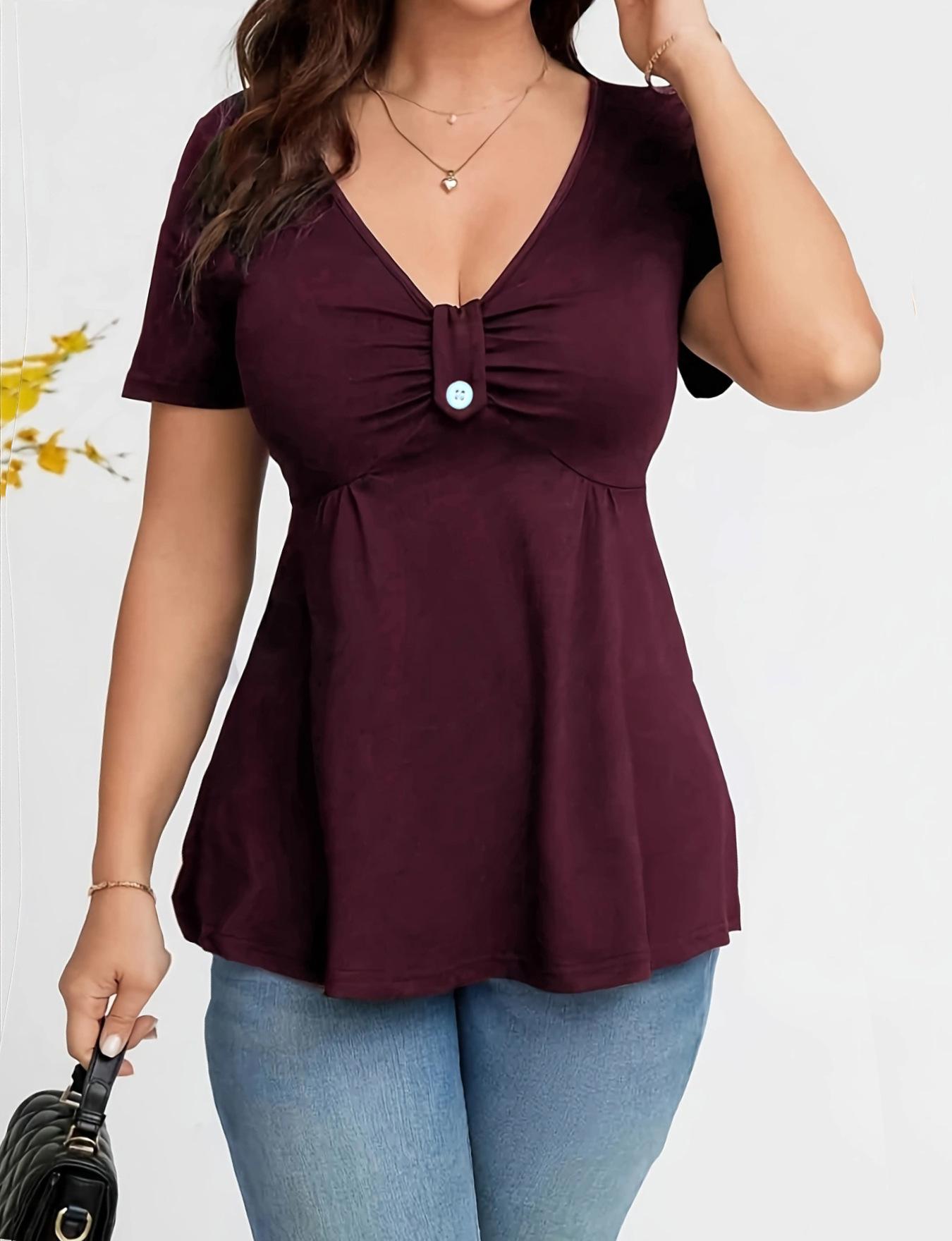 

Women s V-neck Short-Sleeve Waist-Cinching T-Shirt - Spring/Summer Fit XX-Large бордовий