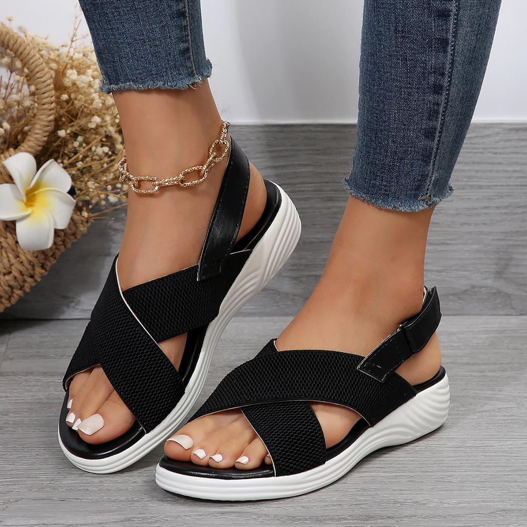 Damen Strick Elastisches Tuch Keilsandalen Slip-on Leichte Laufsandalen Damen Übergröße Bequeme Sommerschuhe für Frauen