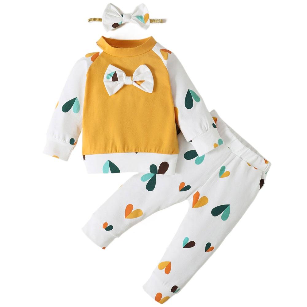 

3PCS Newborn Baby Girl Autumn Clothes Set Bow Color Blocked Long Sleeved Top+Love Heart Pants Fashion Outfits for Toddlers 0-12M 9-12M