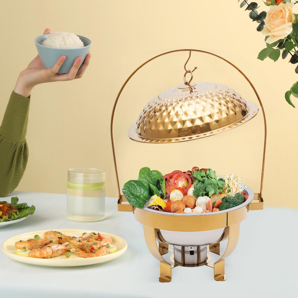 Elegant Gold Accent Chafing Dish Set, 4.5L Round Stainless Steel Buffet Warmer with Lid, Catering Serving Chafer for Wedding