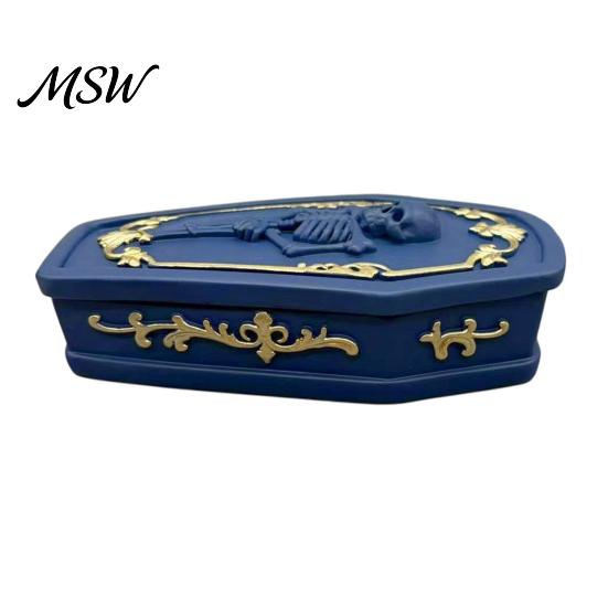 Hand Painted Craft Ornament Gothic Skull Casket Jewelry Box, Resin Spooky Storage Figurine for Box Rings, Halloween Dark Tabletop Organizer,