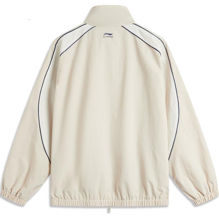 Li Ning Lettuce Leaf American Vintage Water-Resistant Windbreaker With Lettered Stand Collar Zipper Men Outerwear Fog-Khaki Off-White AFDU957-7