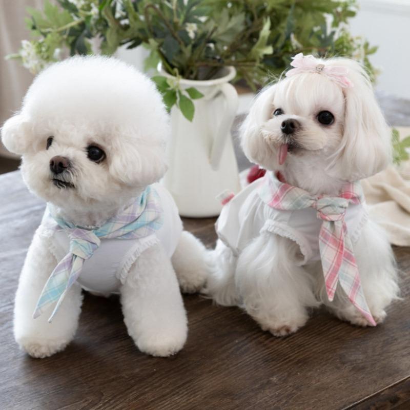 Pet Spring Cool Sun Protection Vest Drool Towel Pet Couple Clothing Decoration Teddy Cute Plaid Dress Puppy Clothes