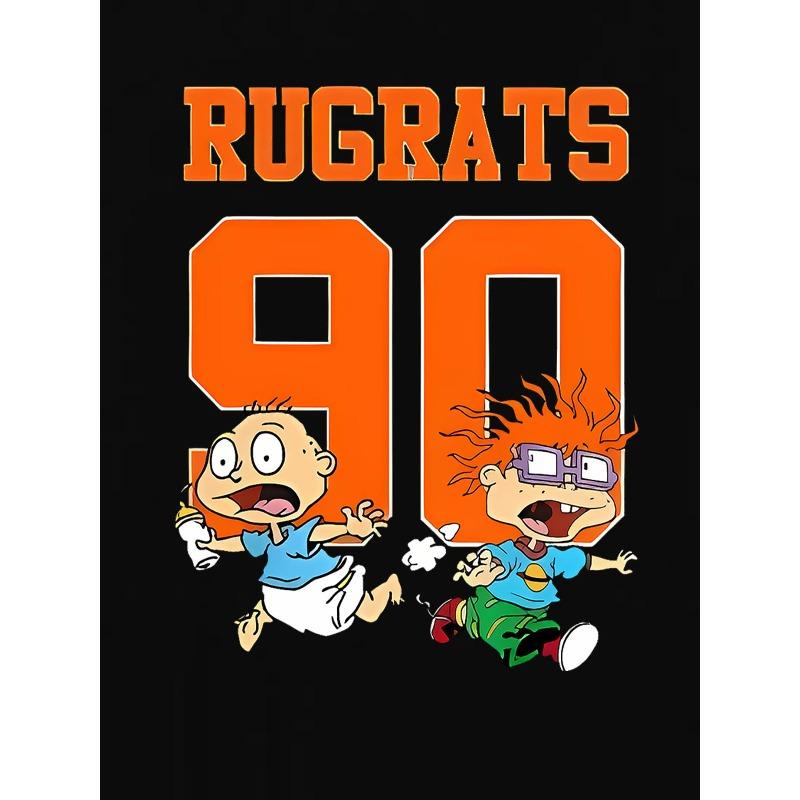 European Size Women'S "Rugrats" Graphic Tee - Casual Black Short Sleeve T-Shirt with Cartoon Print, Round Neck, Comfortable Summer Top for All Seasons