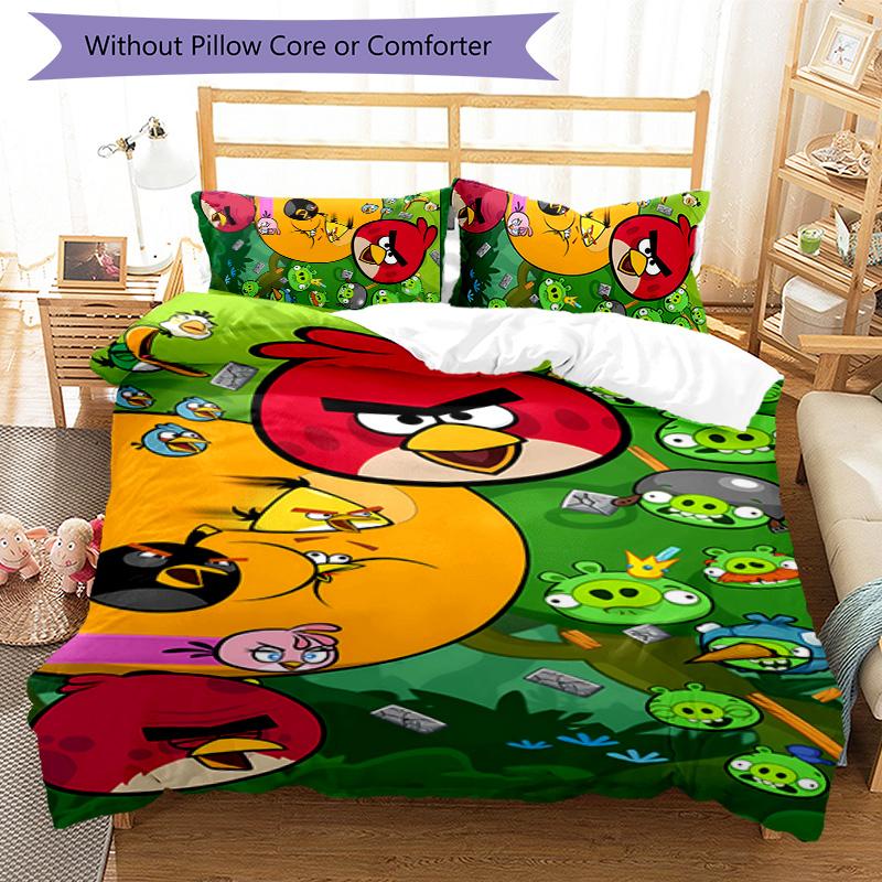 3pcs angry Birds pattern bedding set duvet cover set includes duvet cover &pillowcases, perfect all season bedroom decoration & gift