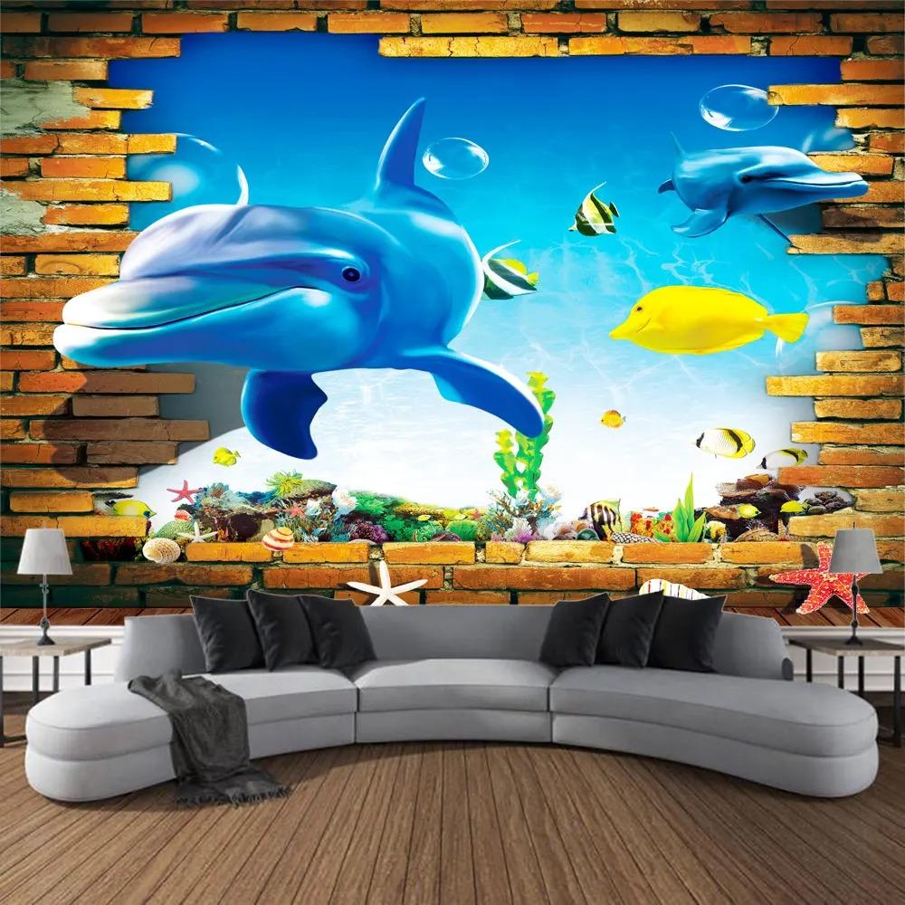 Undersea print pattern tapestry psychedelic room wall hanging cloth ocean coral dolphin home decoration cartoon mural cloth