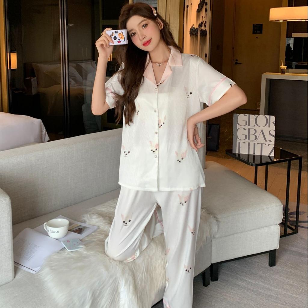 Dames Sommer Komfortabelt Is-silke Loungewear Sett 2 Deler Kortermet Lange Bukser Pyjamassett Casual Trykt Hjemmeklær