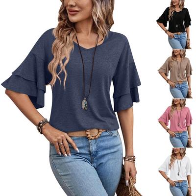 Fashionable And Sexy Women's Double Layer Ruffle Hem Short Sleeve T-Shirt