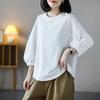 Women Crew Neck Puff Three Quarter Sleeve Cotton Tee Loose Oversized Curved Hem Casual Basic Blouse