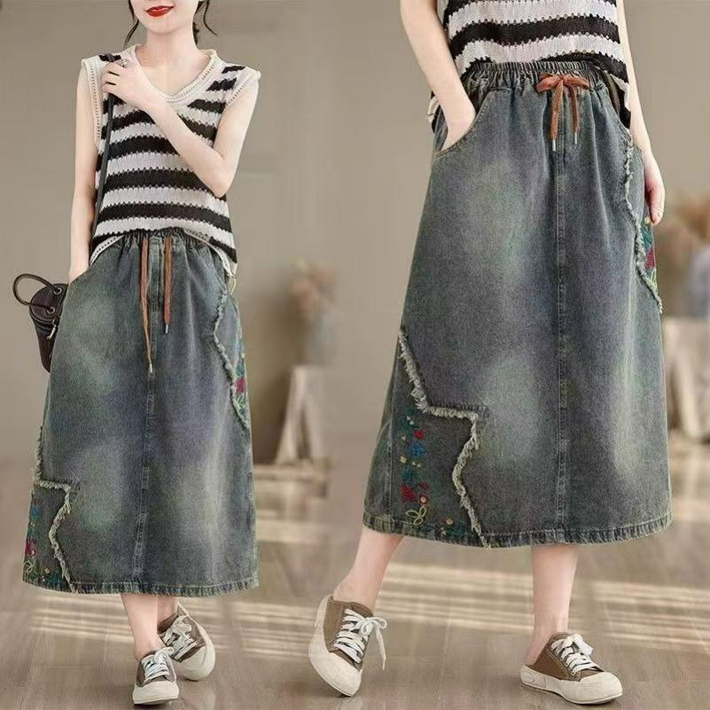 Embroidered Denim Skirt Spring and Summer Loose Retro Large Size Elastic Lace-up All-match Long Skirt
